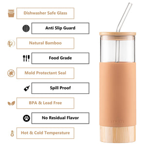 Premium 20oz Glass Tumbler Cup with Straw and Bamboo Lid & Base with Protective Silicone Sleeve - BPA Free - Growler Water Bottle Reusable Drinking Glasses Cup for Iced Tea, Coffee, Smoothie - Amber - Le'raze by G&L Decor Inc