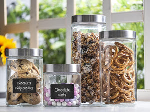 4pc Canister Sets for Kitchen Counter or Bathroom + Labels & Marker, Glass Cookie Jars with Airtight Lids