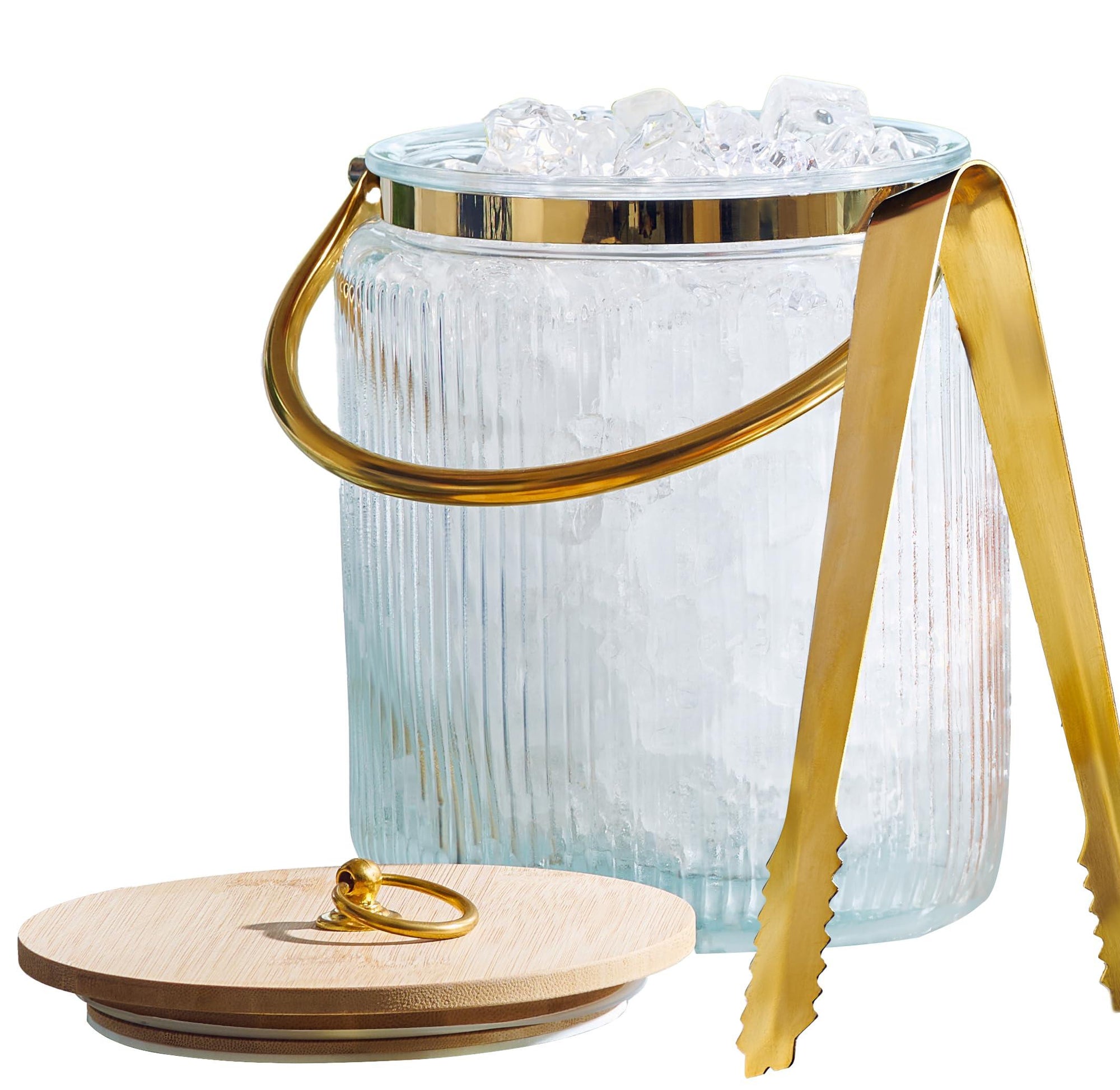 Glass Ice Bucket with Airtight Lid, Ice Tong Scooper and Handle - 3L Ribbed Beverage Tub Cocktail Home Bar Accessories, Wine, Beer - Chiller for Parties, Champagne Drink Tub Cooler with Hinged Handles - Le'raze by G&L Decor Inc